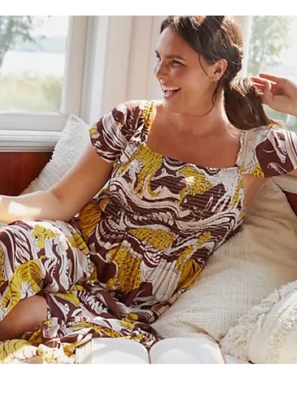 Anthropologie tiger  Brown & Yellow Printed Smocked Square-Neck maxi dress